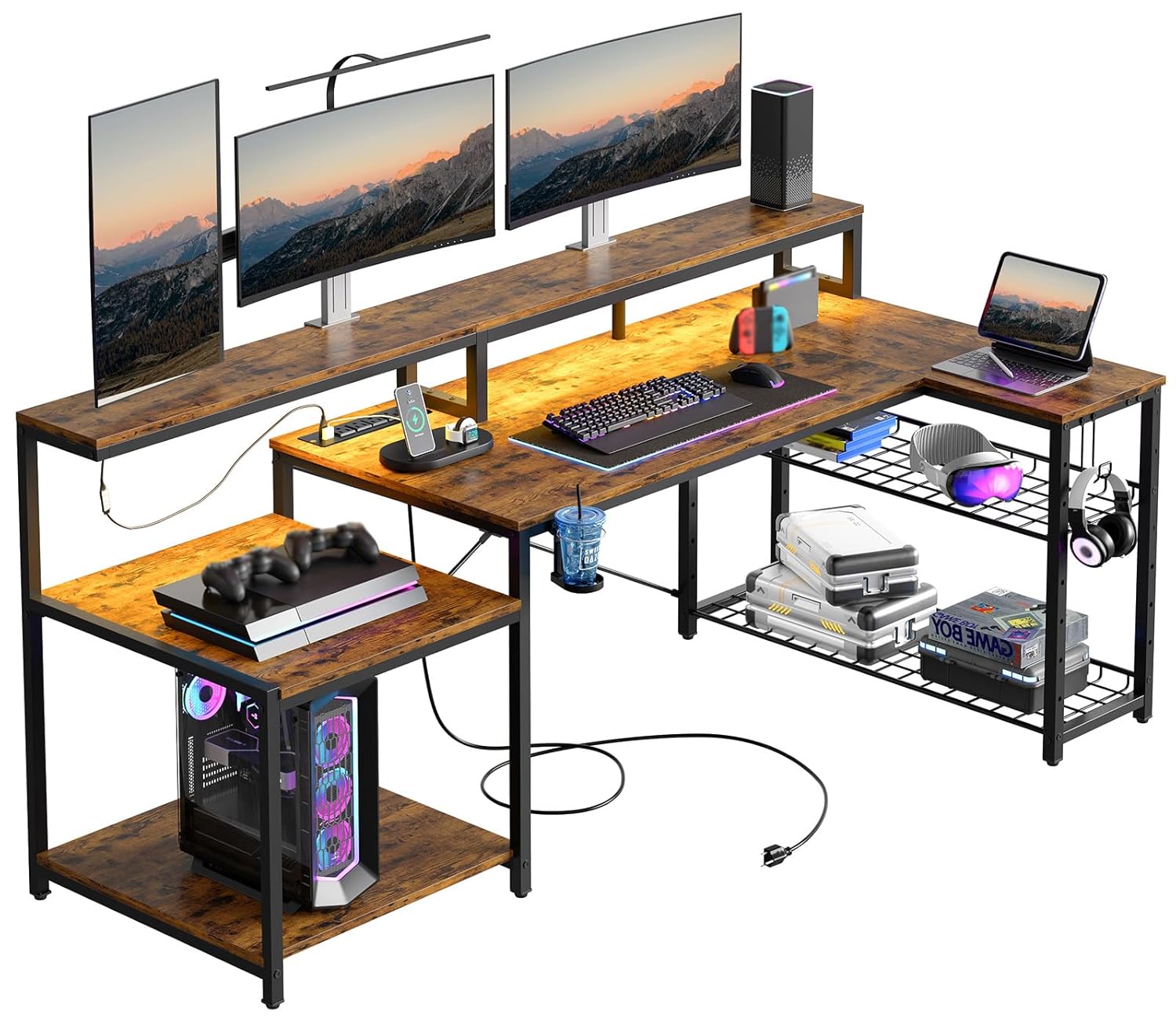 Office Furniture Outlet - 71.5インチのコンピューターデスク（電源コンセント付き）、L字型LEDホームオフィスデスク（ロングモニタースタンド付き）、大型コーナー、カスタマイズ可能