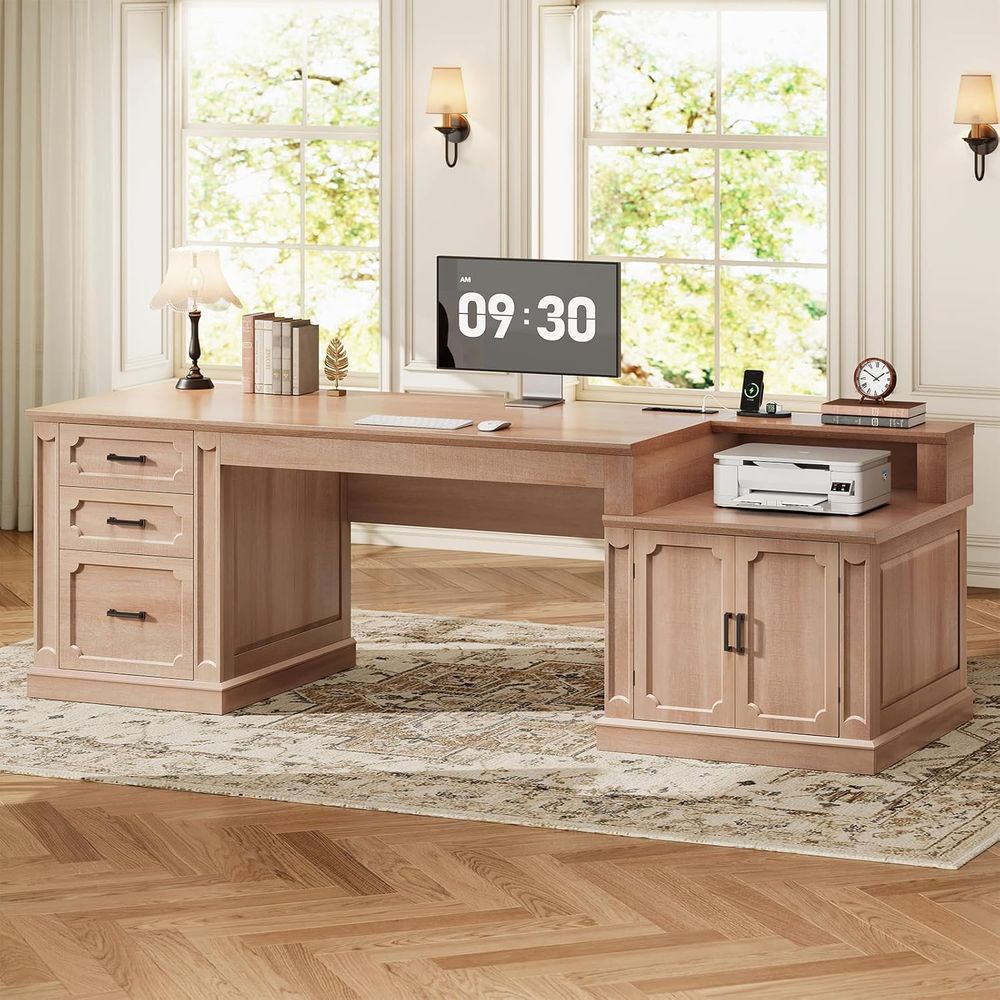 Office Furniture Outlet - アームハウス 70.9インチ エグゼクティブデスク、家庭用オフィスデスク（収納キャビネット付き）、コンピューターデスク（電源コンセント付き）またはホームオフィス、ワイヤレス接続対応