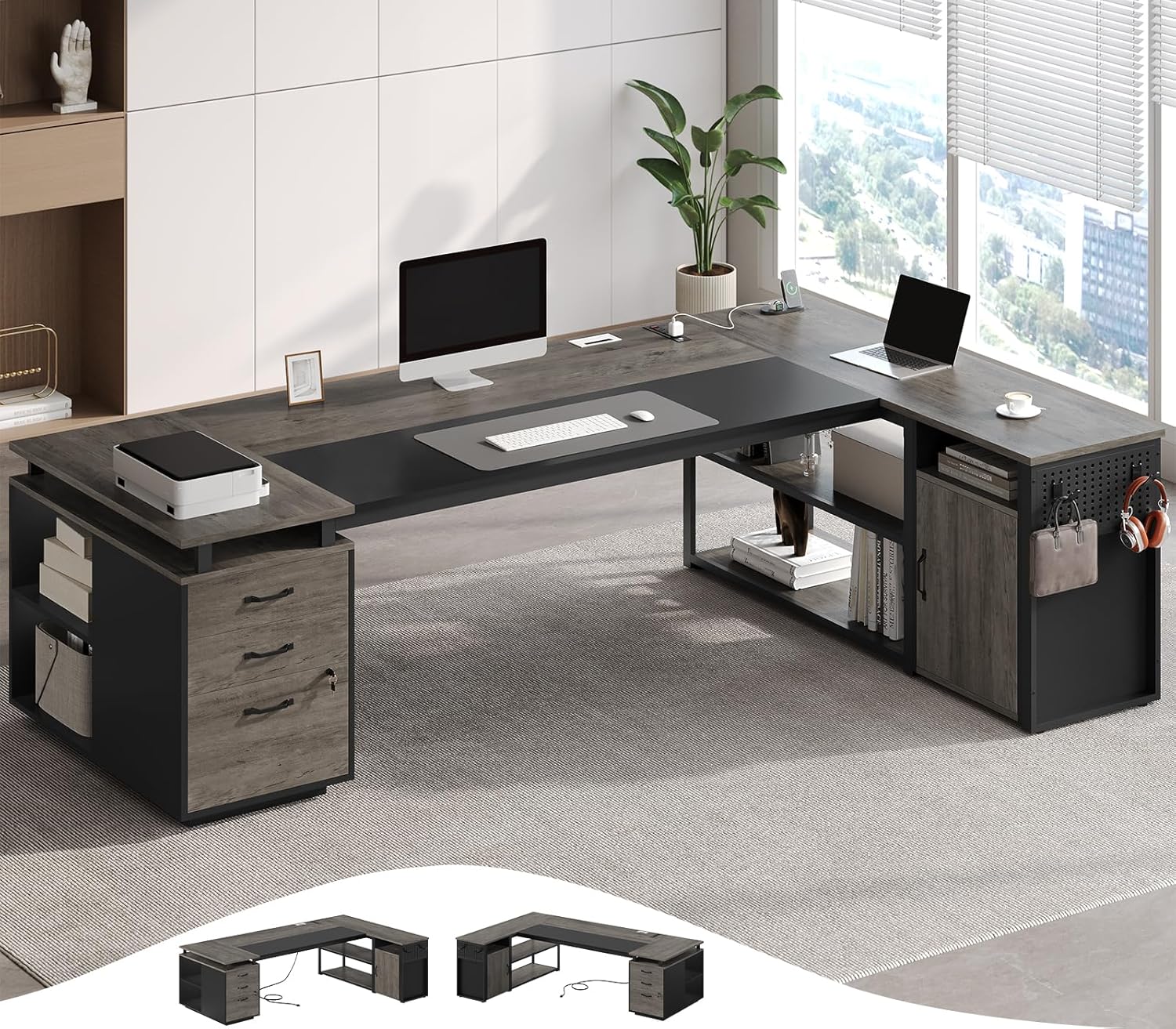 Office Furniture Outlet - 78インチのエグゼクティブデスク（ロック可能なファイルキャビネット付き）、L字型オフィスデスク（電源コンセント付き）、大型エグゼクティブデスク（カスタマイズ可能）