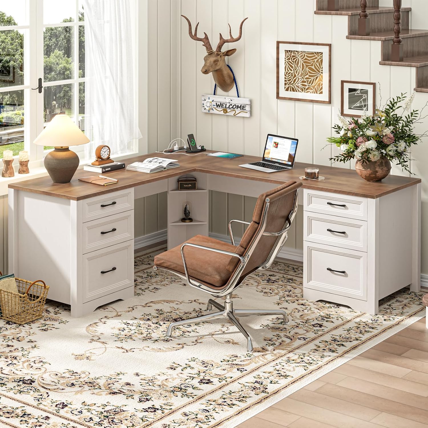 Office Furniture Outlet - 木製L字型エグゼクティブデスク、6つの引き出し、電源コンセント、三角形収納棚、ファイルキャビネット、コーナーコンピューターデスク、カスタマイズ可能