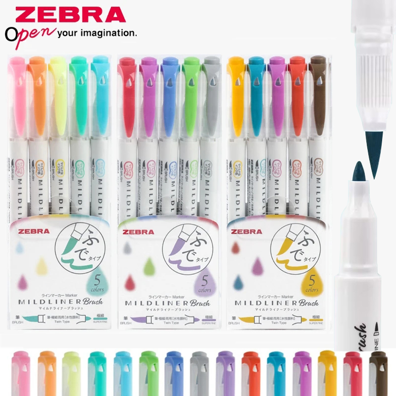 Zebra Pen Mildliner - ゼブラマイルドライナー蛍光ペンセット、日本の文房具、両端ソフトブラシ、水性マーカー、画材、wft8