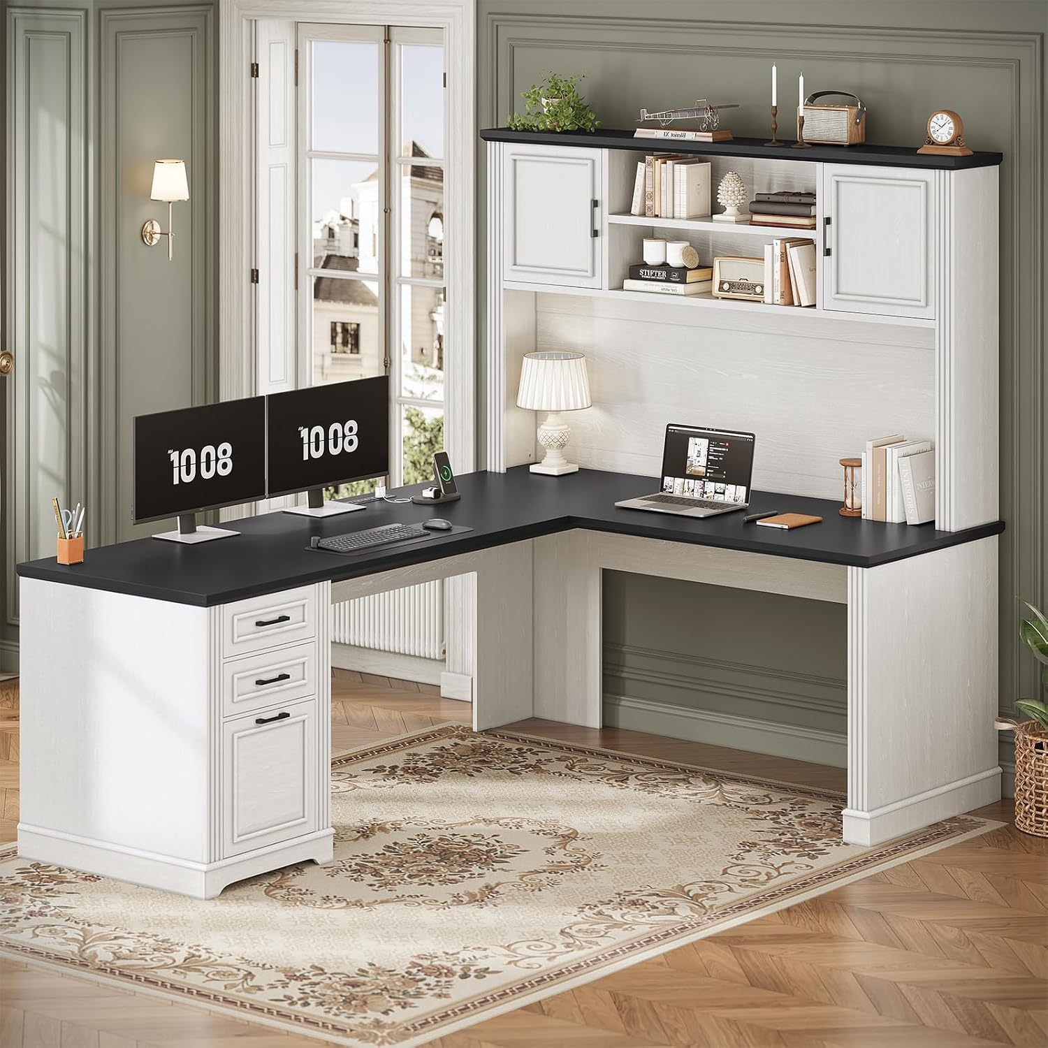 Office Furniture Outlet - L字型デスク（ハッチと3つの引き出し付き）、68.9インチのコーナーデスク（ファイル引き出し、電源コンセント、棚付き）、ホームオフィス用、カスタマイズ可能