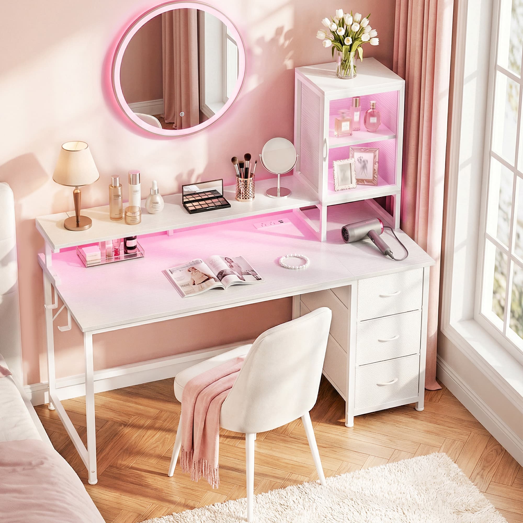 Office Furniture Outlet - 多機能モダンデスクテーブル、ゲーミングデスク、コンピューターデスク、ホームオフィスデスク、収納と電源コンセント付き化粧台