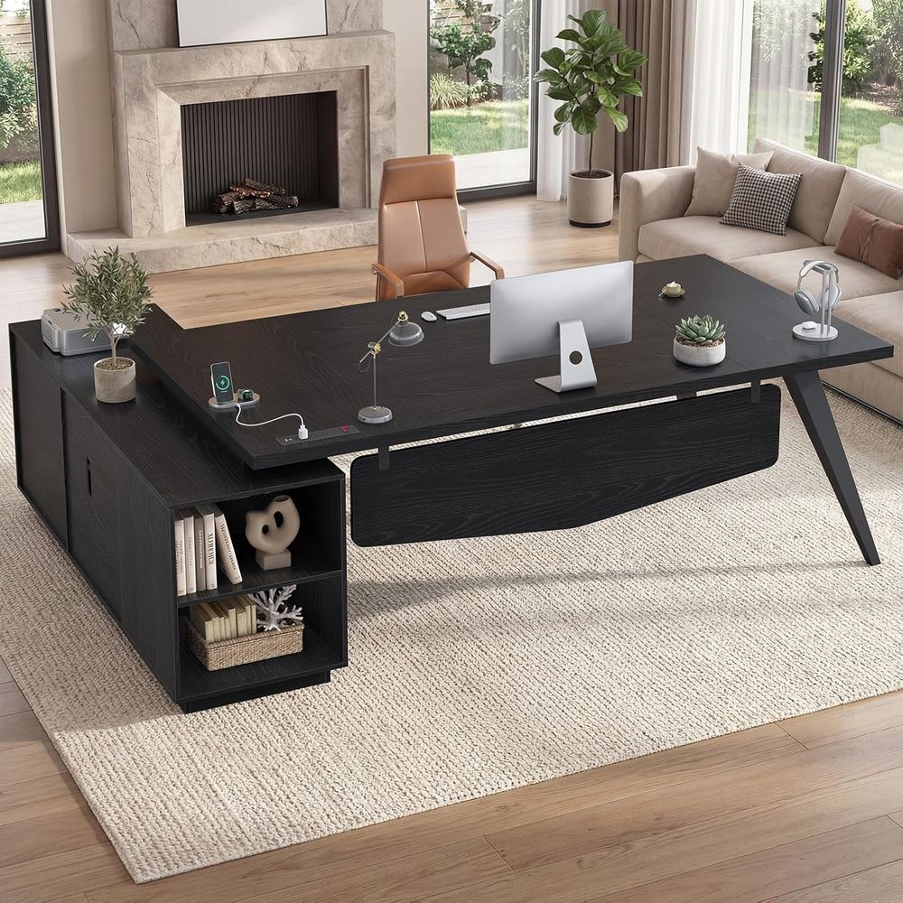 Office Furniture Outlet - L字型70.3エグゼクティブデスク、電源コンセント、収納引き出し、ファイルキャビネット、棚付き - 黒色のオフィス家具（正方形）