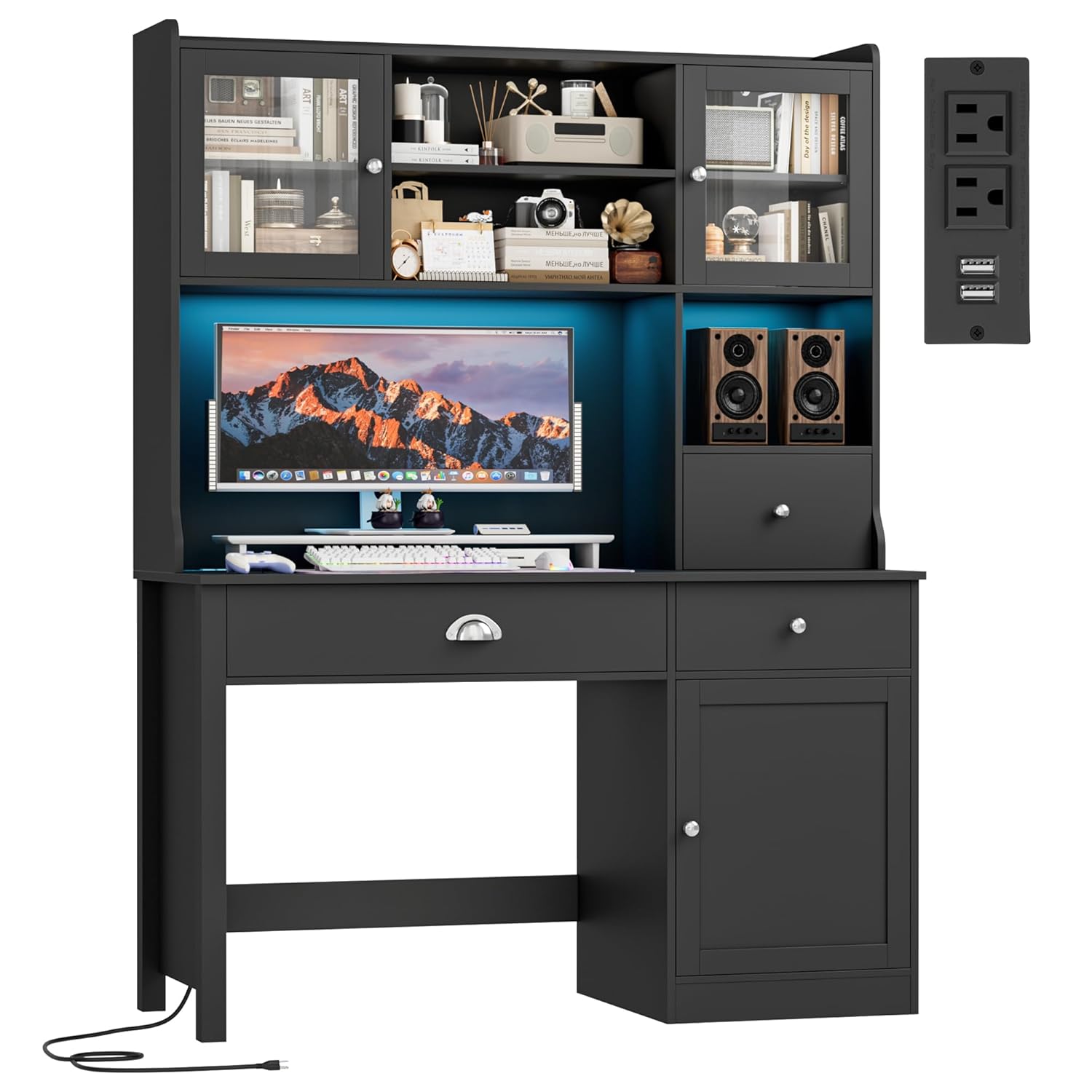Office Furniture Outlet - 65インチコンピューターデスク（ハッチ付き）、RGBライト、電源コンセント、引き出し、3ドア、寝室、オフィス、ワークステーション、書斎用、カスタマイズ可能