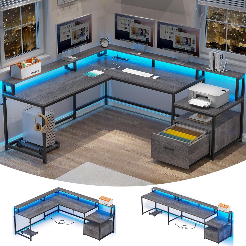 Office Furniture Outlet - L字型デスク、66インチのホームオフィスデスク、木製ファイル引き出しと電源コンセント付き、LEDライト付きゲーミングデスク、コーナーコンピューターデスク