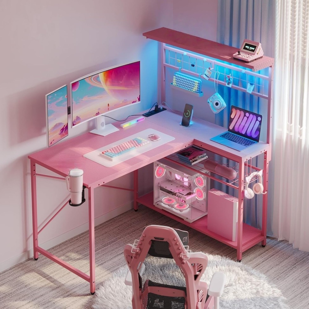 Office Furniture Outlet - 42Lゲーミングデスク、電源コンセント付きコンピューターデスク、LEDライト、4段棚付きリバーシブルコーナーデスク、カップホルダー、カスタマイズ可能