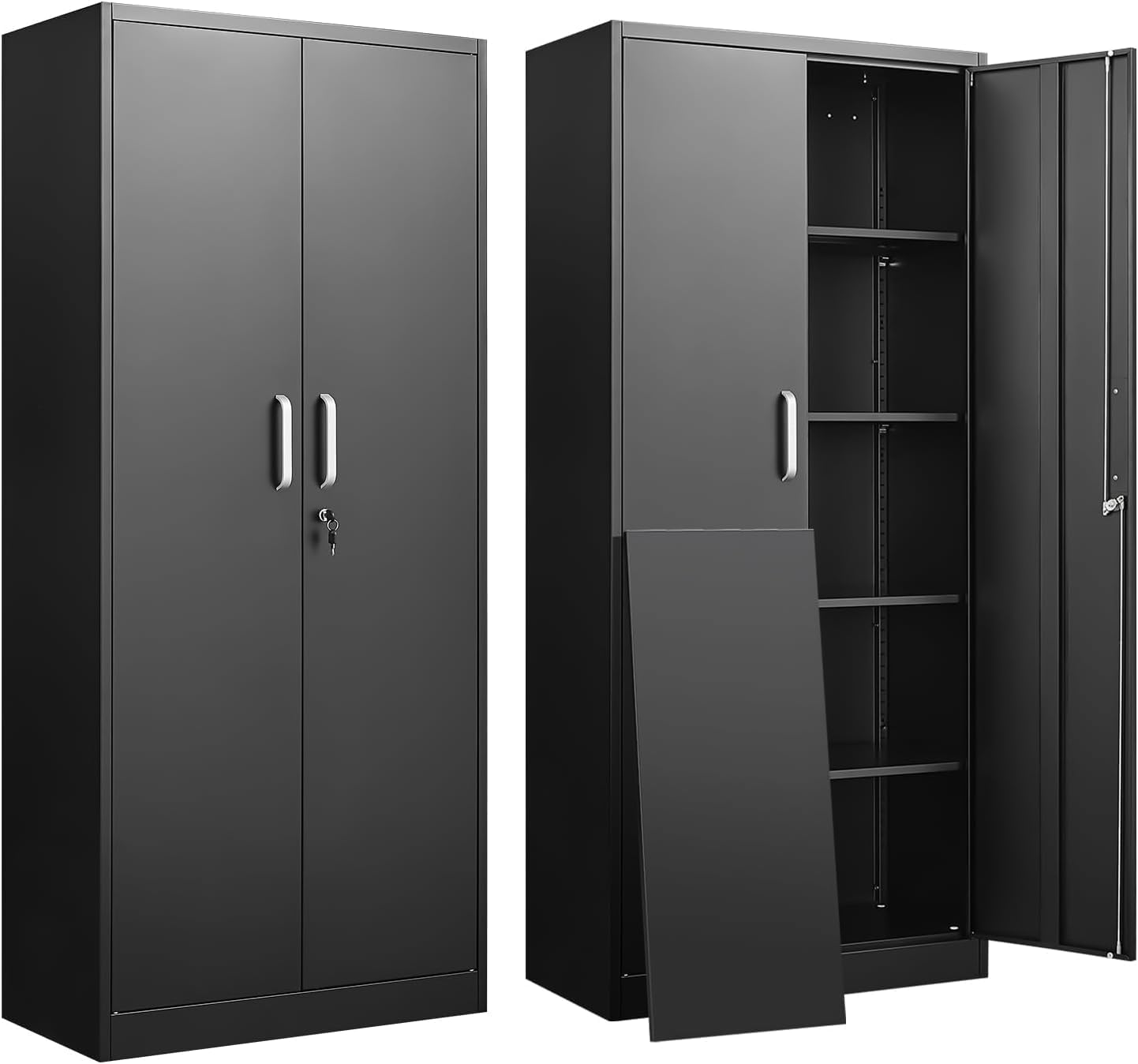 Office Furniture Cabinets - 調節可能な棚付き金属製収納キャビネット ドアと棚付きの黒いガレージキャビネット ホームオフィス用の大容量ファイルラック 背の高いキッチンパントリーロッカー ユーティリティ収納オーガナイザー