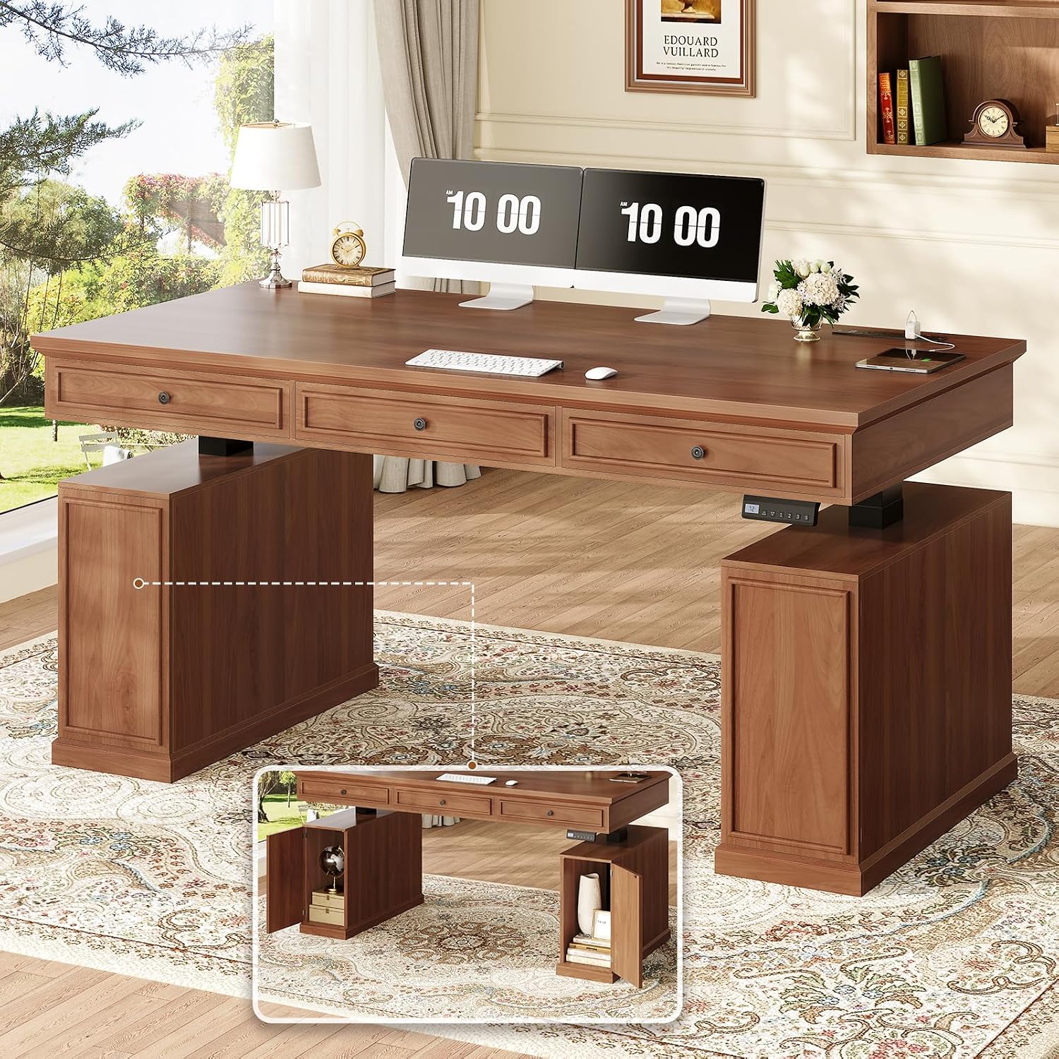 Office Furniture Outlet - 55.1インチ ファームハウススタイル 電動昇降デスク、3つの引き出しと収納キャビネット付き、電源コンセント付き、カスタマイズ可能