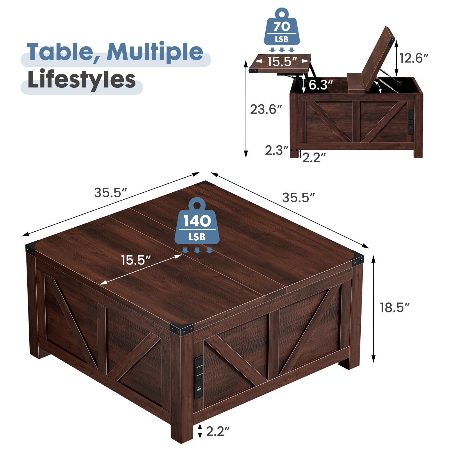 JHK 35.6インチ リフトトップコーヒーテーブル 充電ス - Office Furniture Outlet のレビューと価格