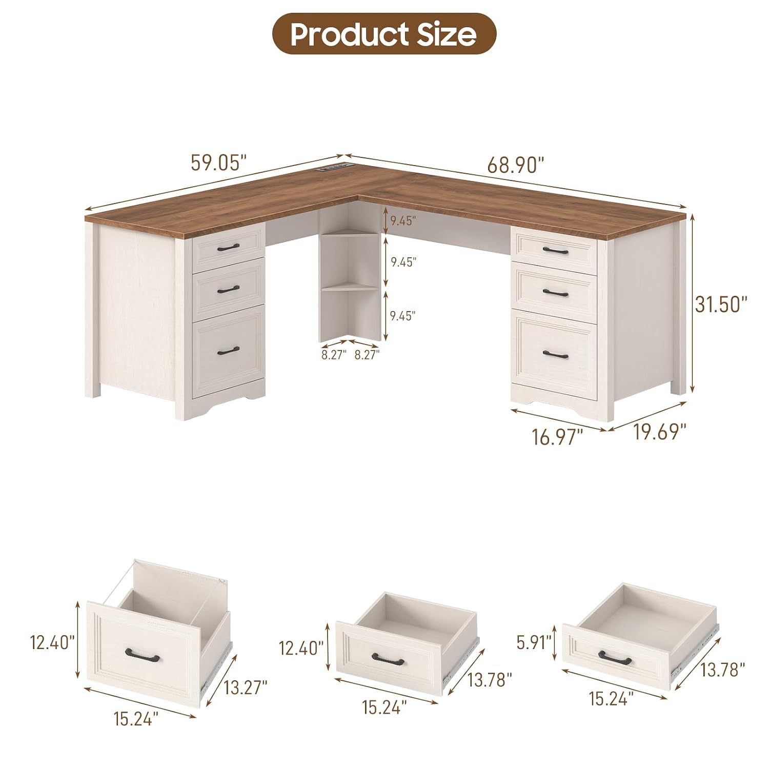 木製L字型エグゼクティブデスク、6つの引き出し、電源コンセン - Office Furniture Outlet のレビューと価格