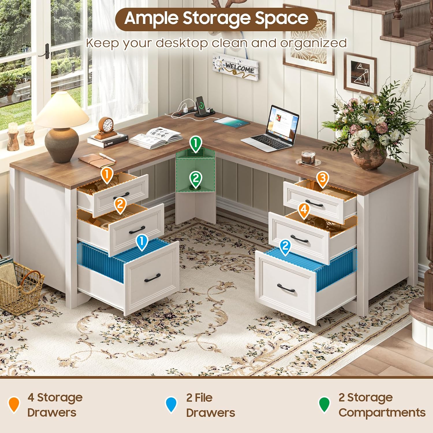 木製L字型エグゼクティブデスク、6つの引き出し、電源コンセン - Office Furniture Outlet のレビューと価格