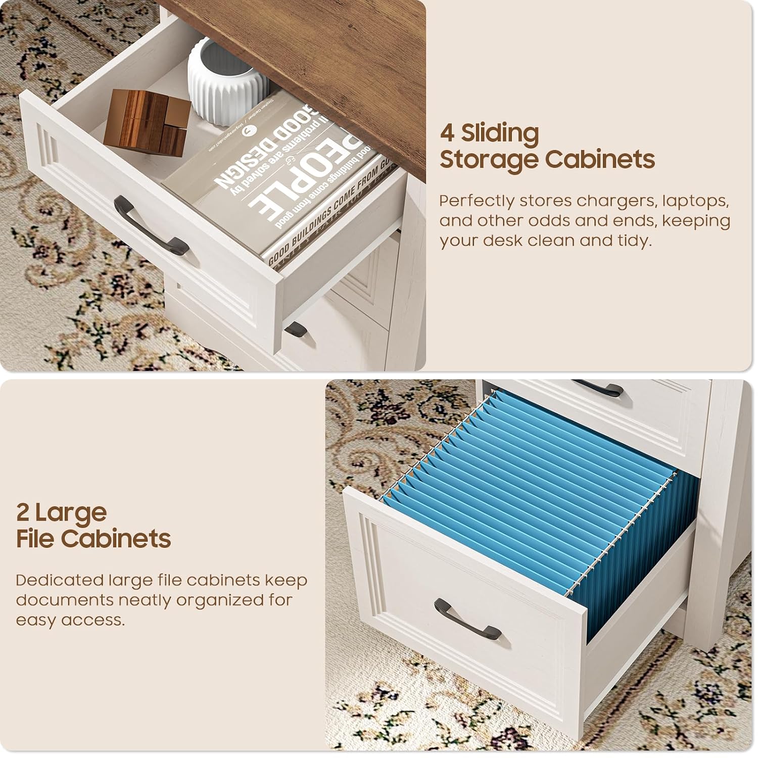 木製L字型エグゼクティブデスク、6つの引き出し、電源コンセン - Office Furniture Outlet のレビューと価格