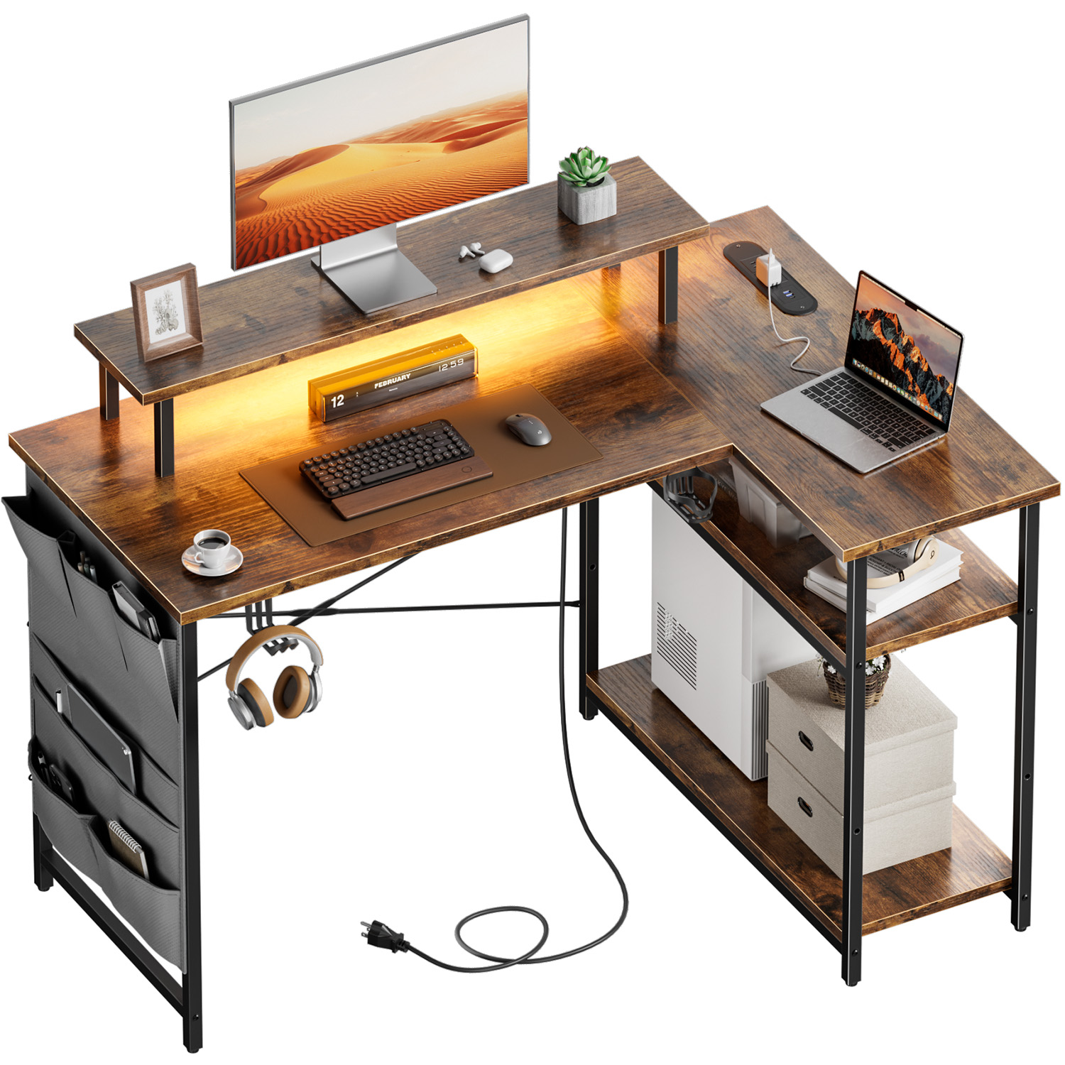 L字型コンピューターデスク、電源コンセントとLED照明、人間 - Office Furniture Outlet のレビューと価格