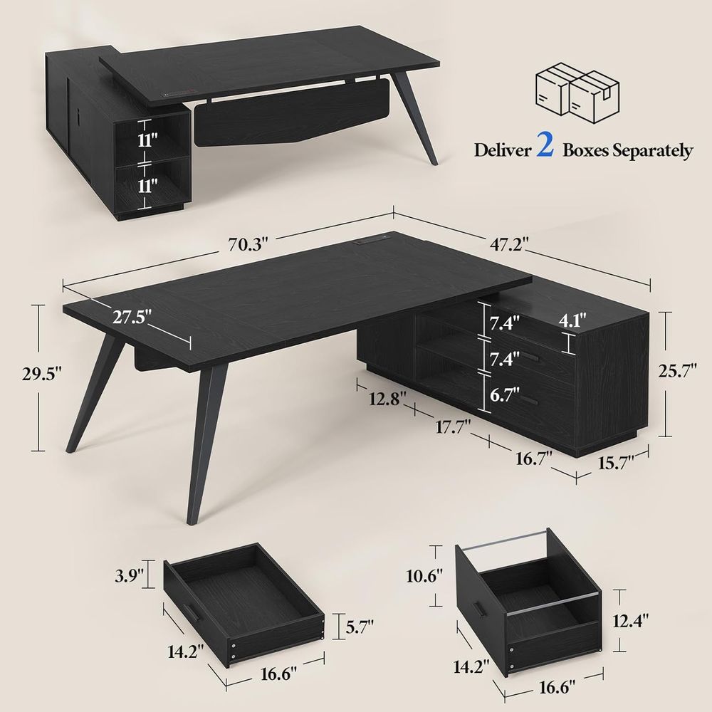 L字型70.3エグゼクティブデスク、電源コンセント、収納引き - Office Furniture Outlet のレビューと価格