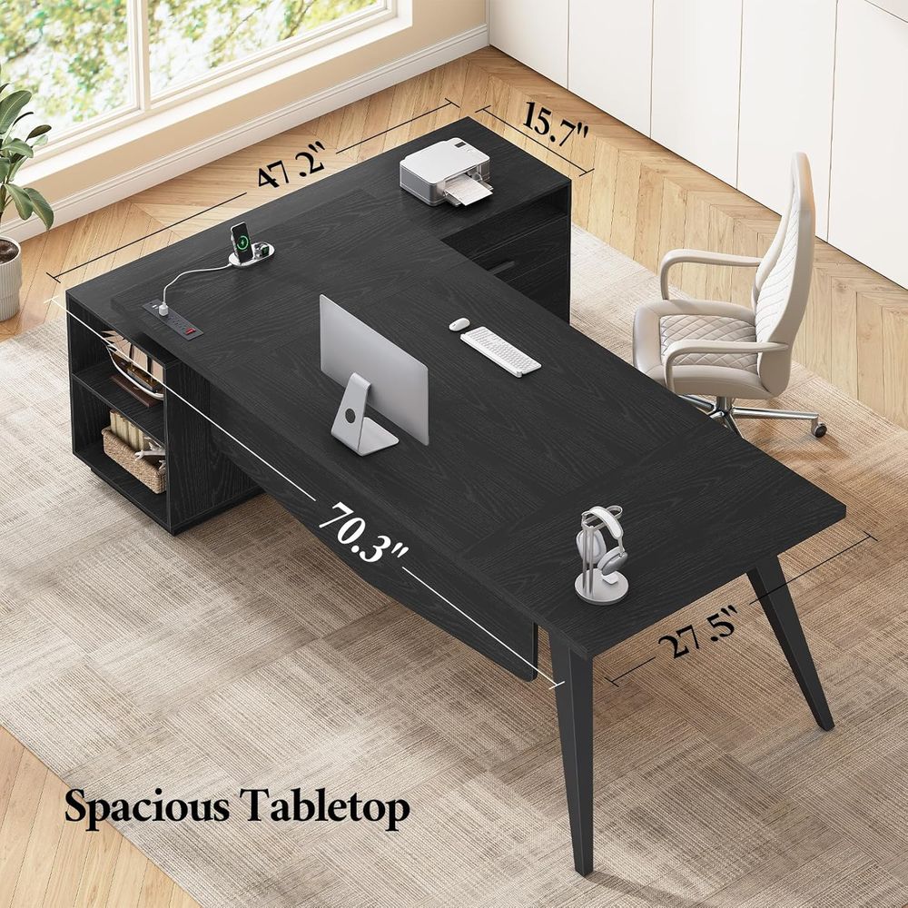 L字型70.3エグゼクティブデスク、電源コンセント、収納引き - Office Furniture Outlet のレビューと価格