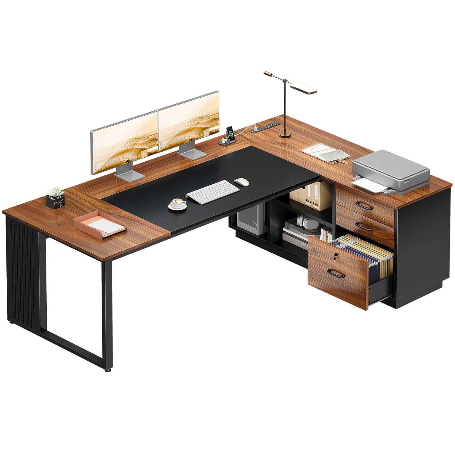 L字型デスク（引き出しとファイルキャビネット付き）、コンセン - Office Furniture Outlet のレビューと価格