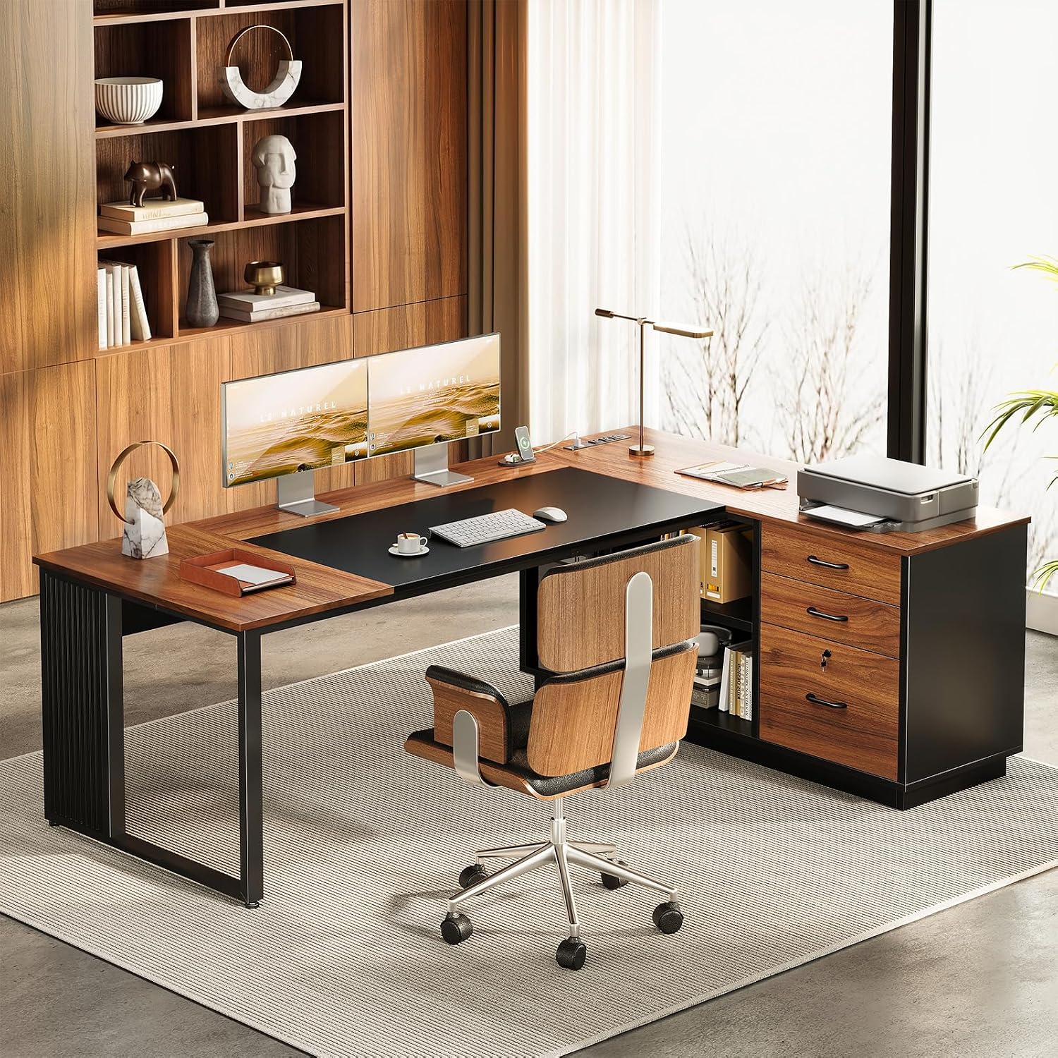 L字型デスク（引き出しとファイルキャビネット付き）、コンセン - Office Furniture Outlet のレビューと価格