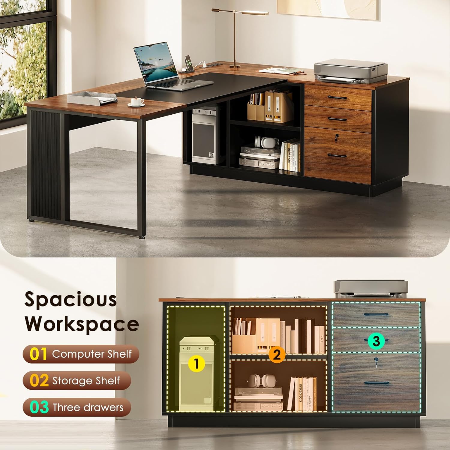 L字型デスク（引き出しとファイルキャビネット付き）、コンセン - Office Furniture Outlet のレビューと価格