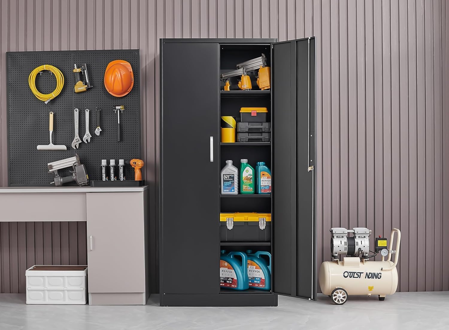 調節可能な棚付き金属製収納キャビネット ドアと棚付きの黒いガ - Office Furniture Cabinets のレビューと価格