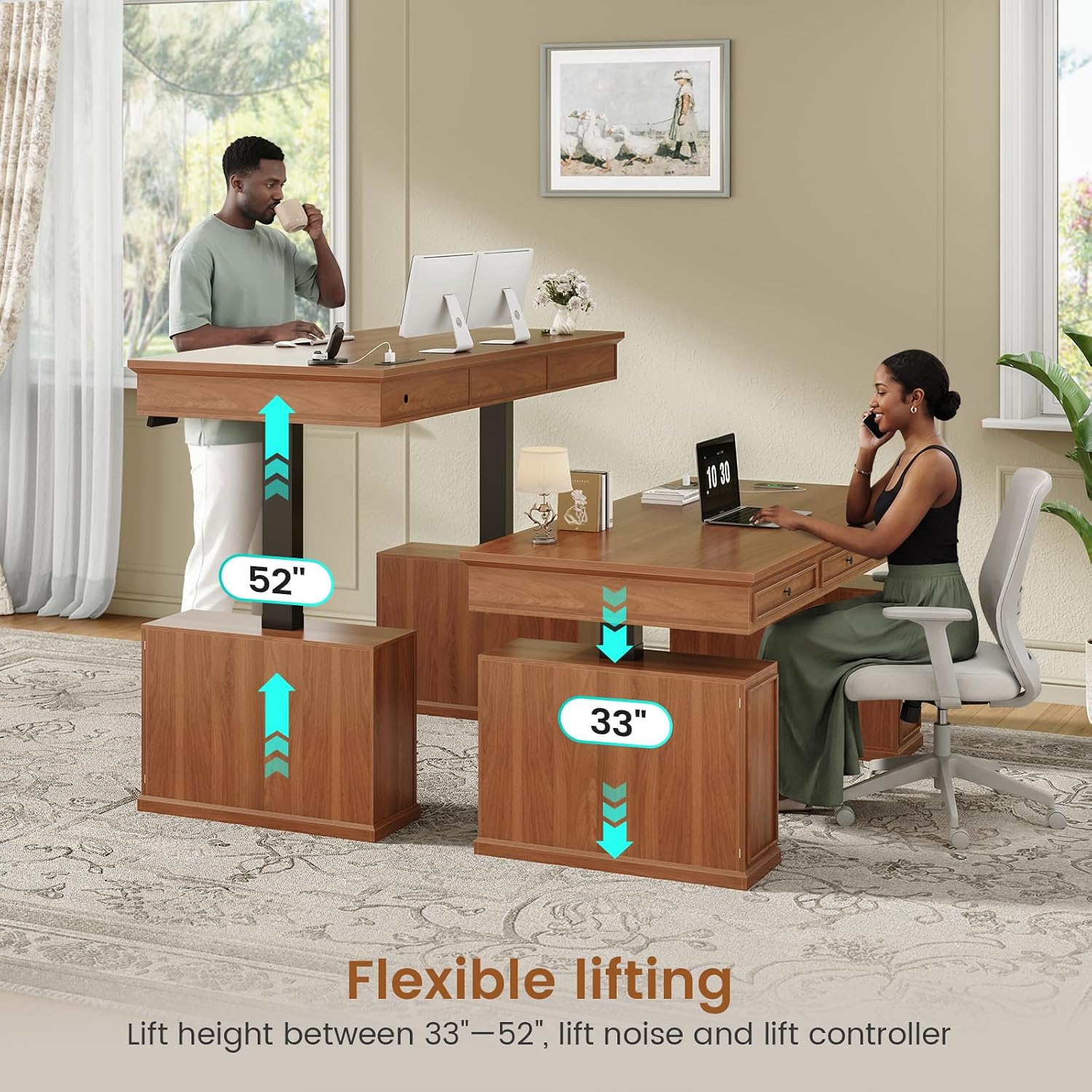 55.1インチ ファームハウススタイル 電動昇降デスク、3つ - Office Furniture Outlet のレビューと価格